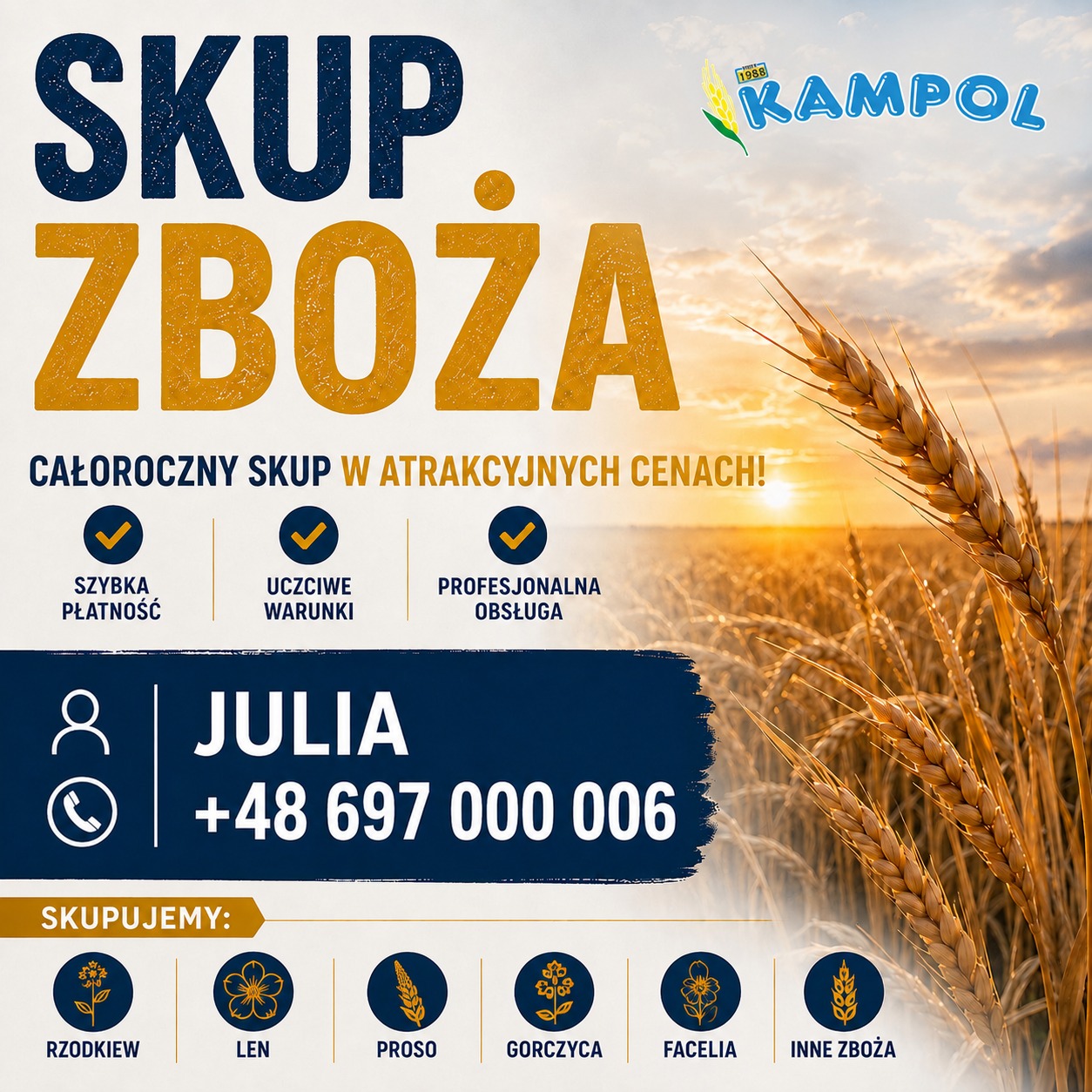 ELEWATOR KAMPOL  RUSIEC – skupuje : Facelię ,Pszenicę, Jęczmień, rzepak,  groch ,seradelę 